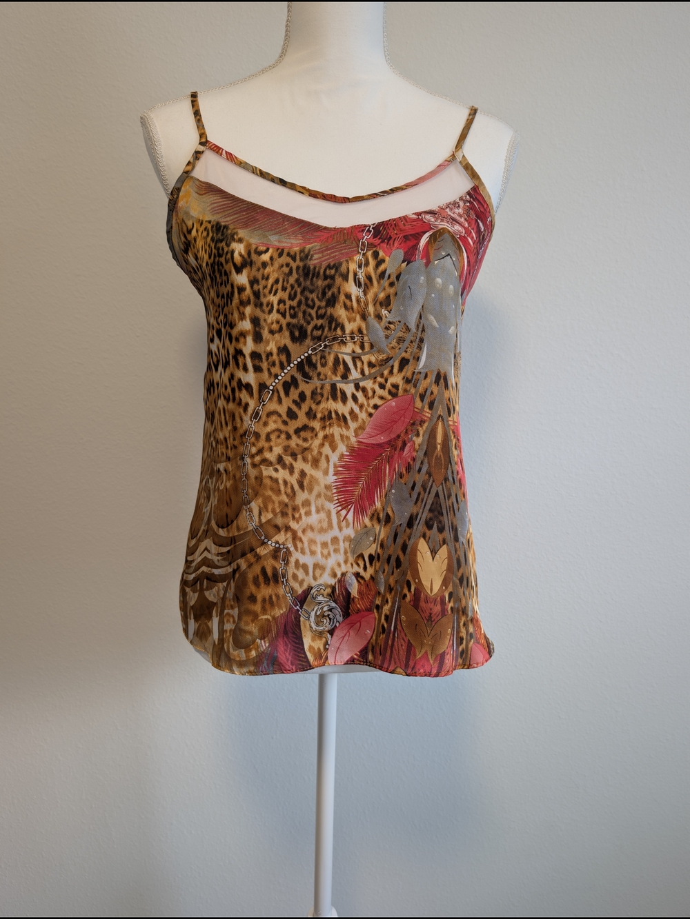 Leopard Print Feather-Accent Cami Tank Top - Brown & Pink